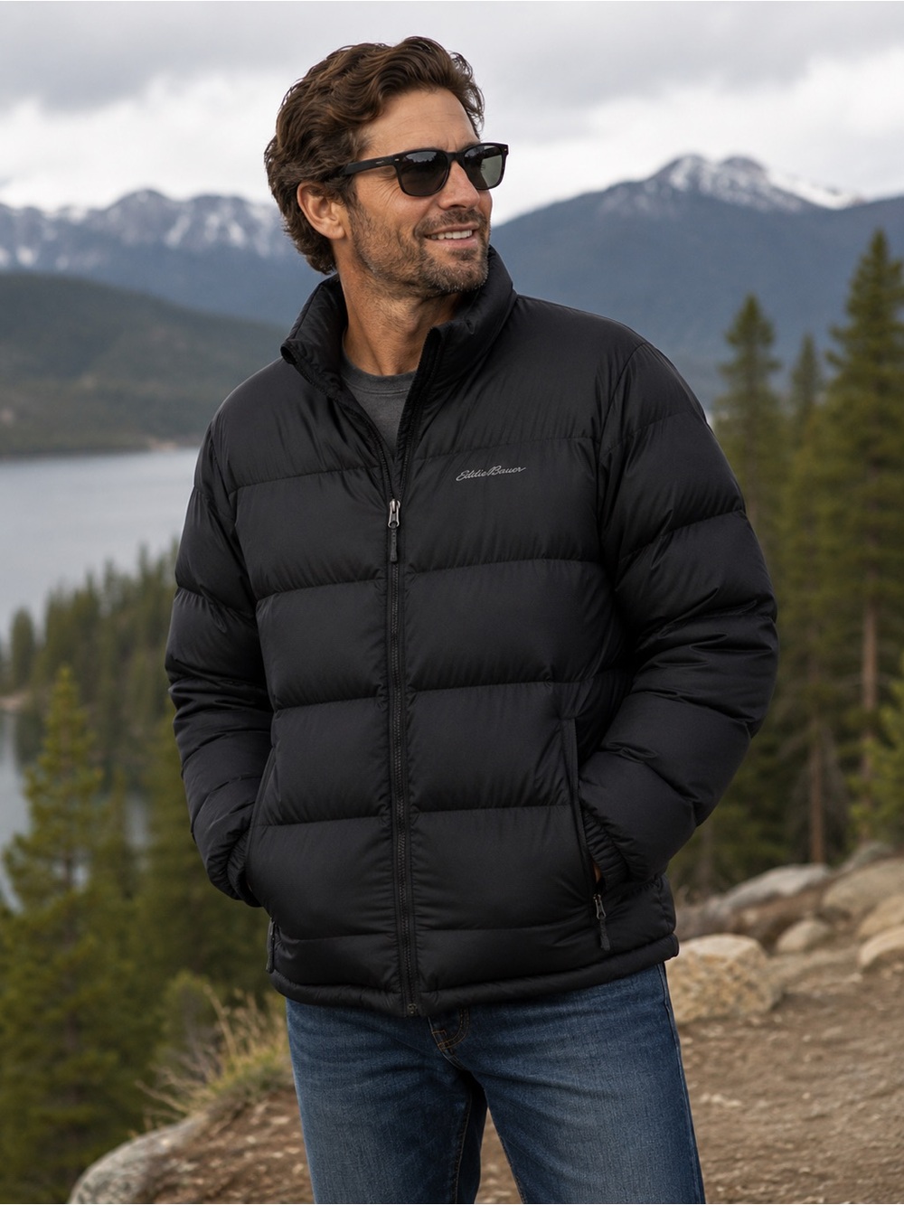 Eddie Bauer Men's Classic Down 2.0 Black Down Filled Zip Up Jacket Size XL